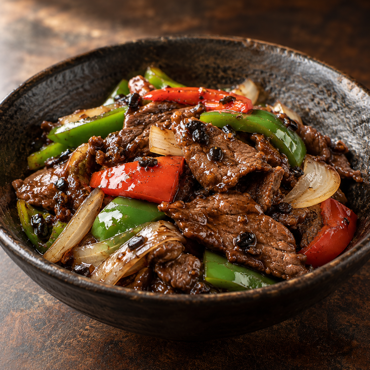 Black bean beef with capsicum and onion