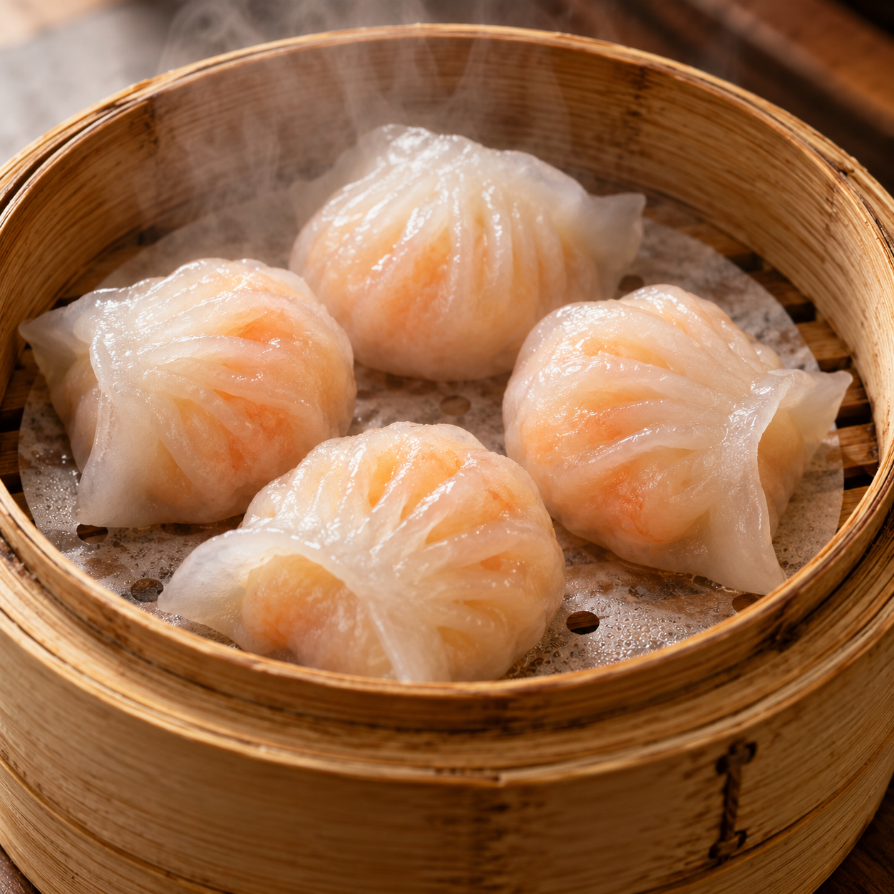 Steamed prawn dumplings in a bamboo basket