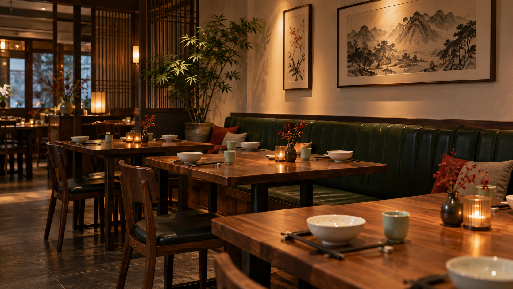 Warm restaurant interior with timber tables and green banquette seating