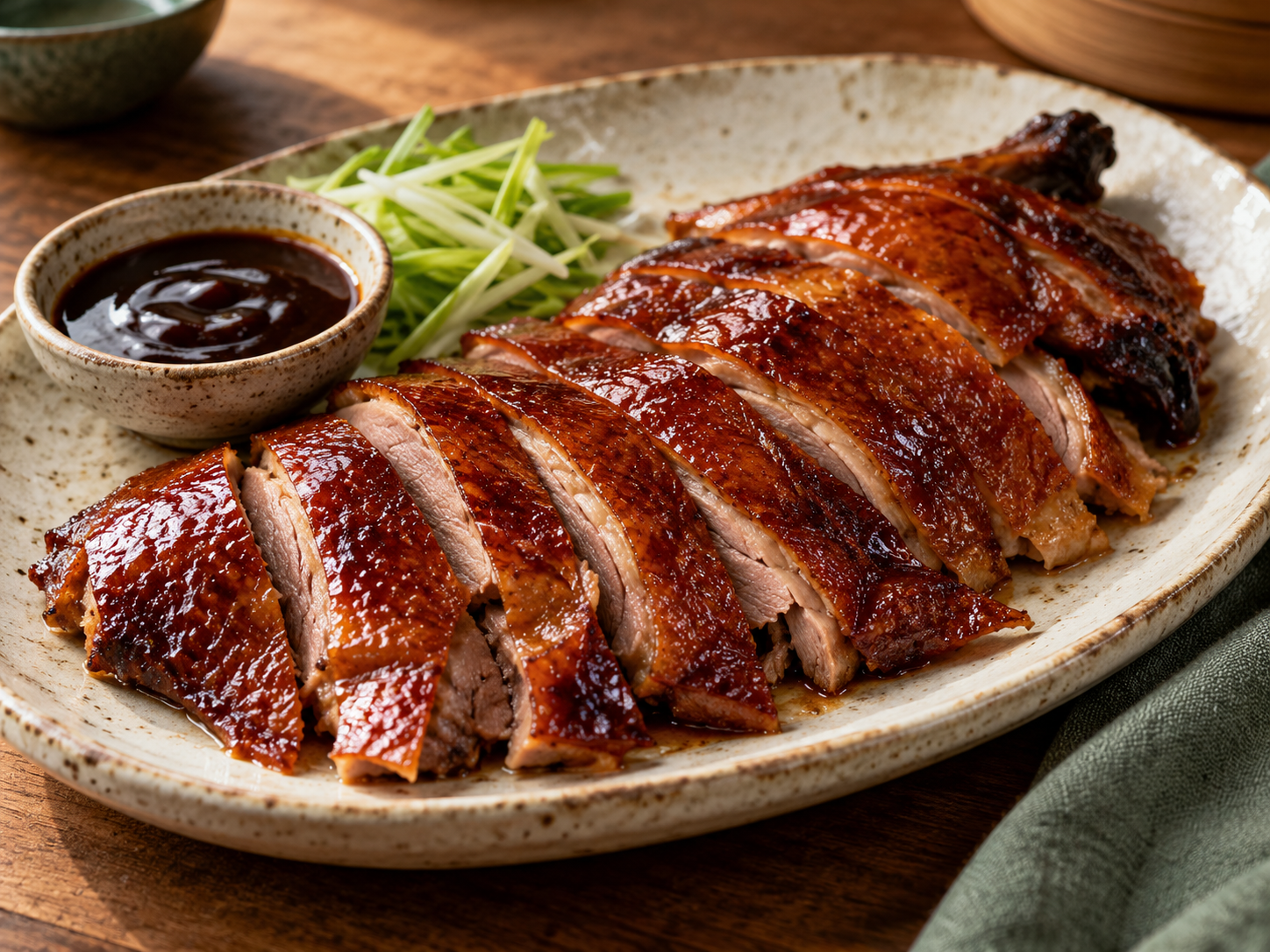 Sliced roast duck on a ceramic platter